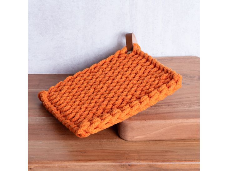 8” Orange Knit Pot Holder With Leather Strap