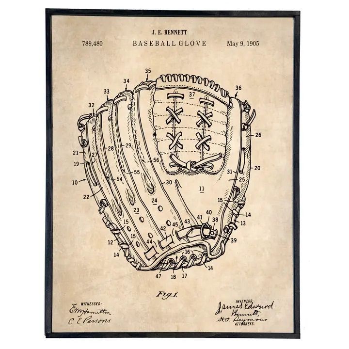 Vintage Baseball Glove Blueprint Framed Print Parchment