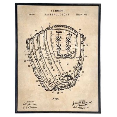 Vintage Baseball Glove Blueprint Framed Print Parchment