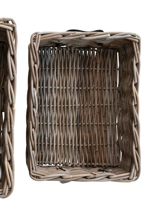 Hand-Woven Rattan Basket w Leather Handles 14” x 10-1/4”