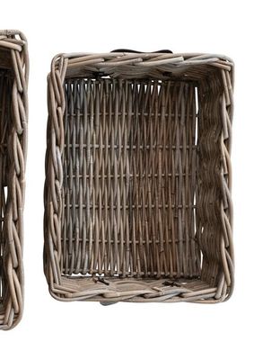 Hand-Woven Rattan Basket w Leather Handles 14” x 10-1/4”