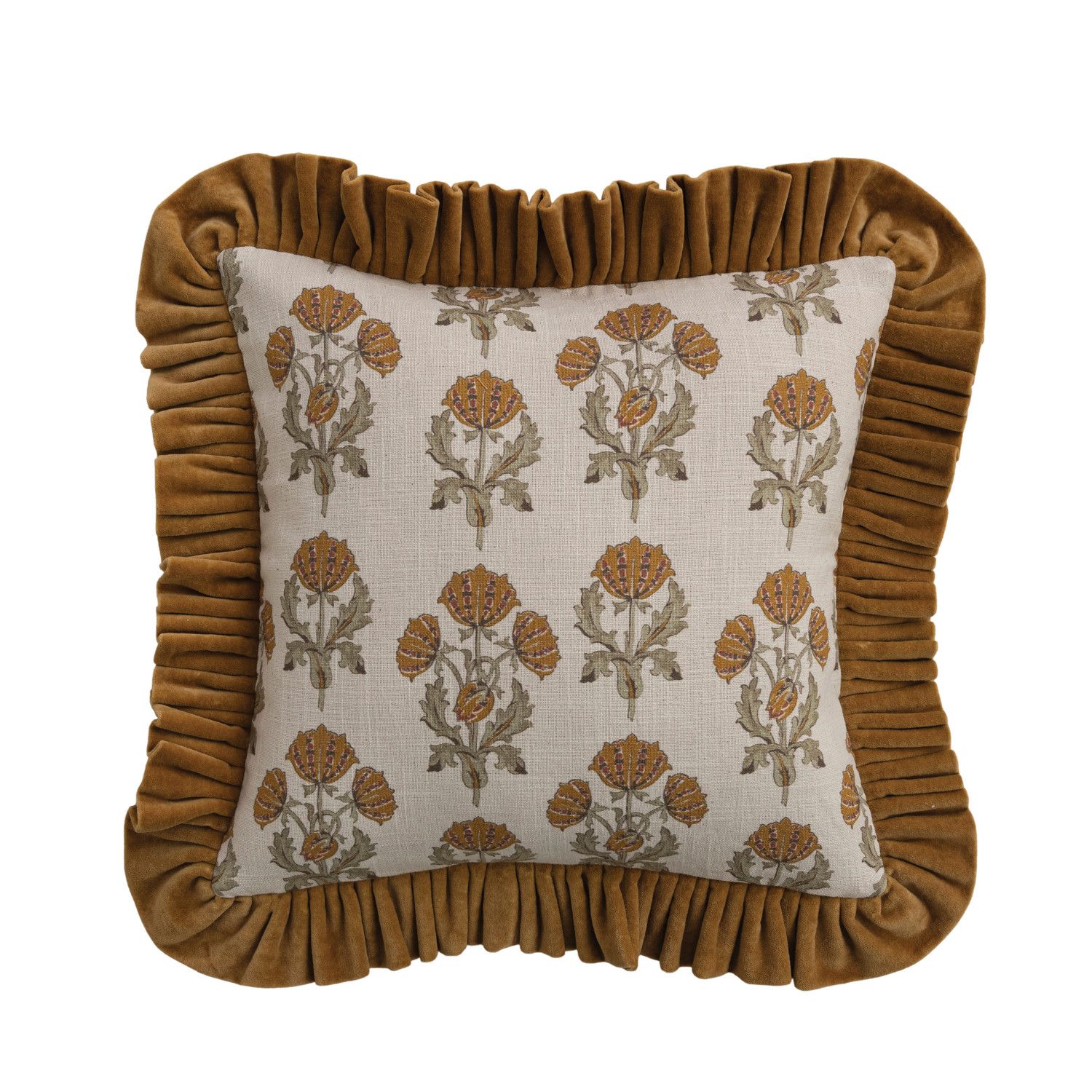 18" Square Cotton Slub Printed Pillow with Velvet Ruffle Mustard &amp; Green