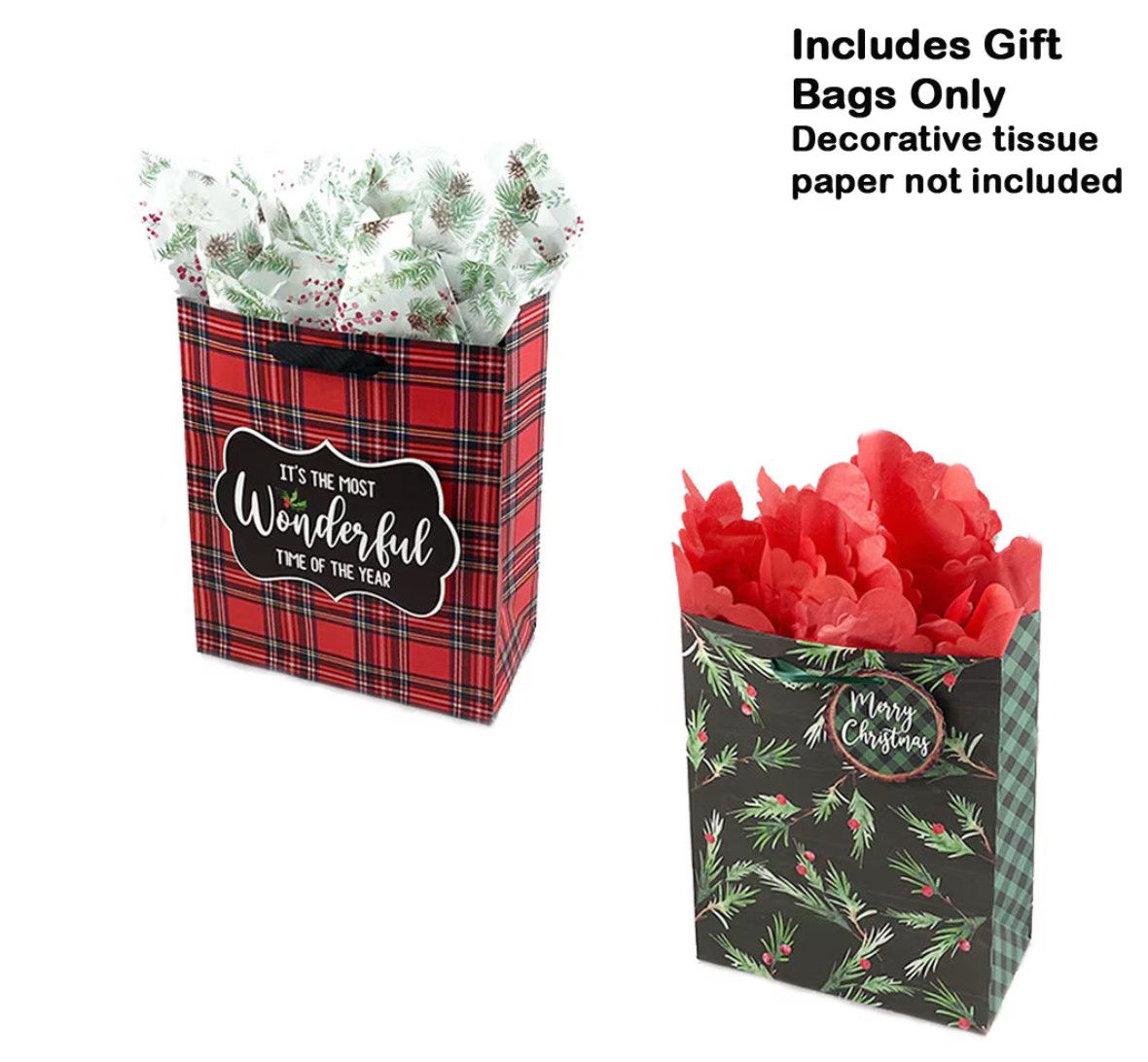 SET/2 Blueink Christmas Gift Bags, Plaid Most Wonderful/Misty Pine, Paper, 10 x 5 x 12"H