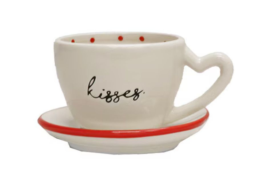 Transpac Kisses Ceramic Teacup w/Attached Saucer Planter White, Red 4.5"Dx3"H