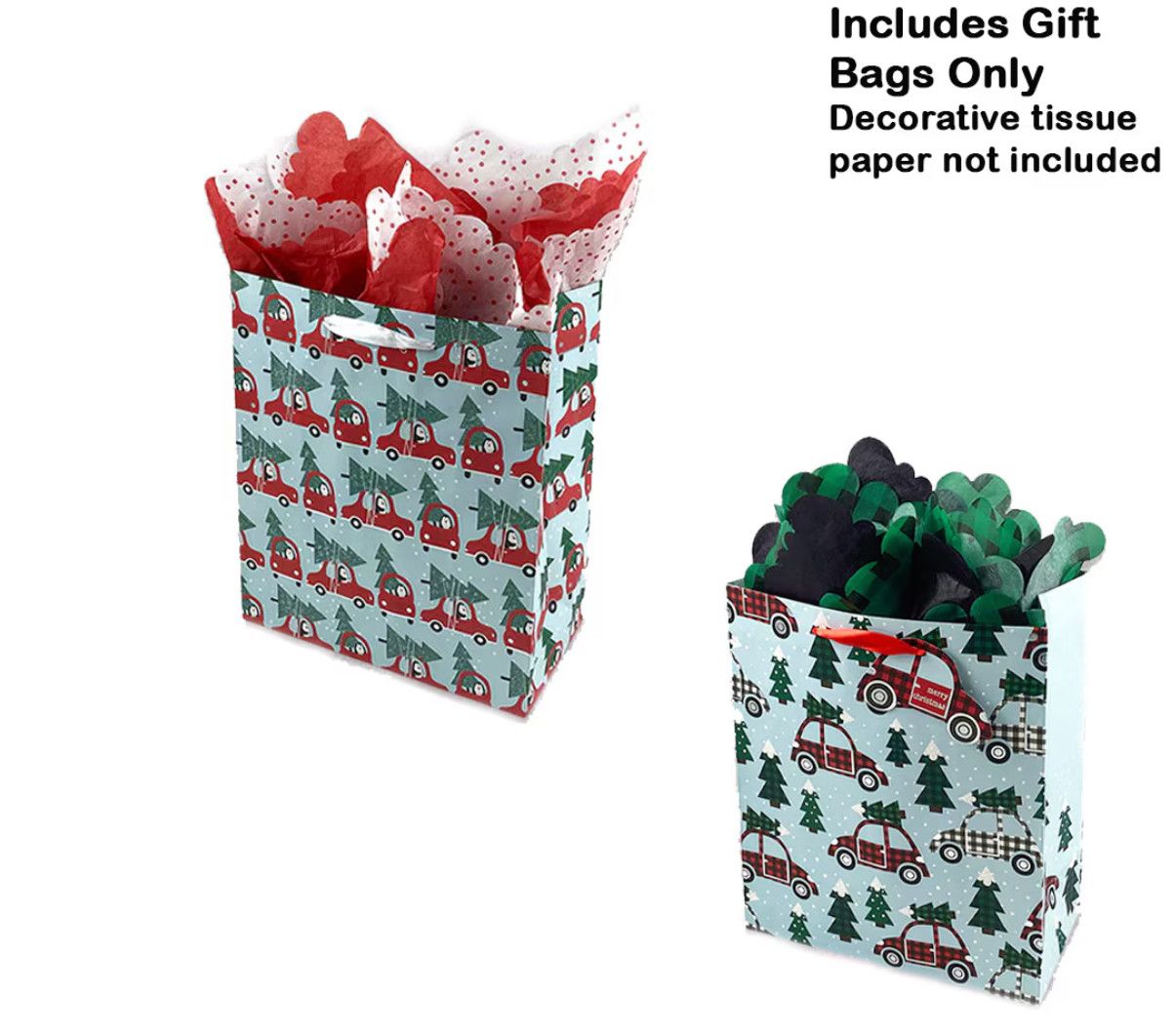 SET/2 Blueink Designer Christmas Gift Bags, Buffalo Plaid Bugs /Driving Penguins, Paper, 10x5x 12"H