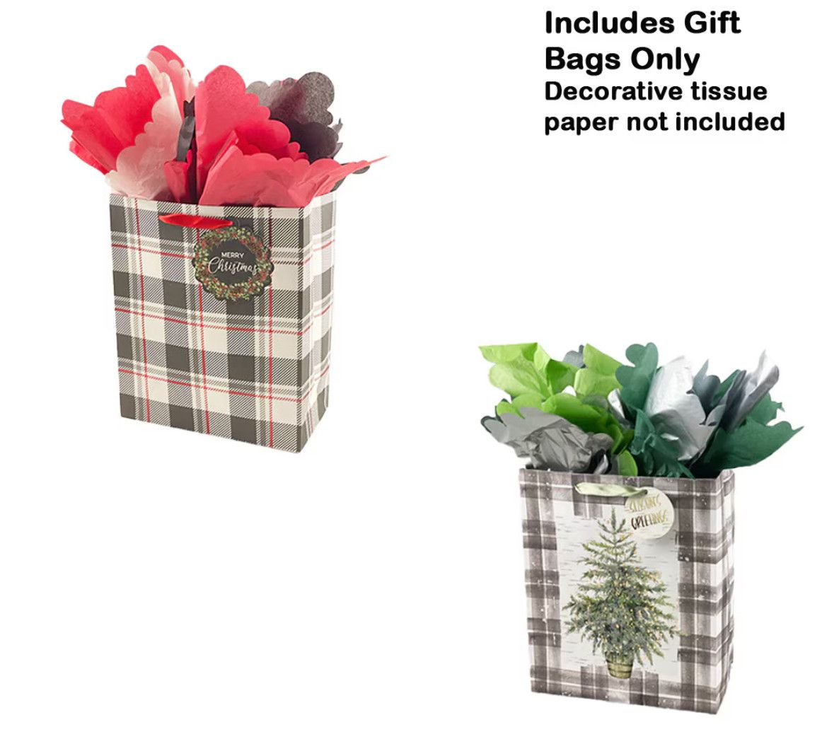 SET/2 Blueink Christmas Gift Bag, Cozy Plaid /Tranquil Tree, Paper, 10"x5"x12"H