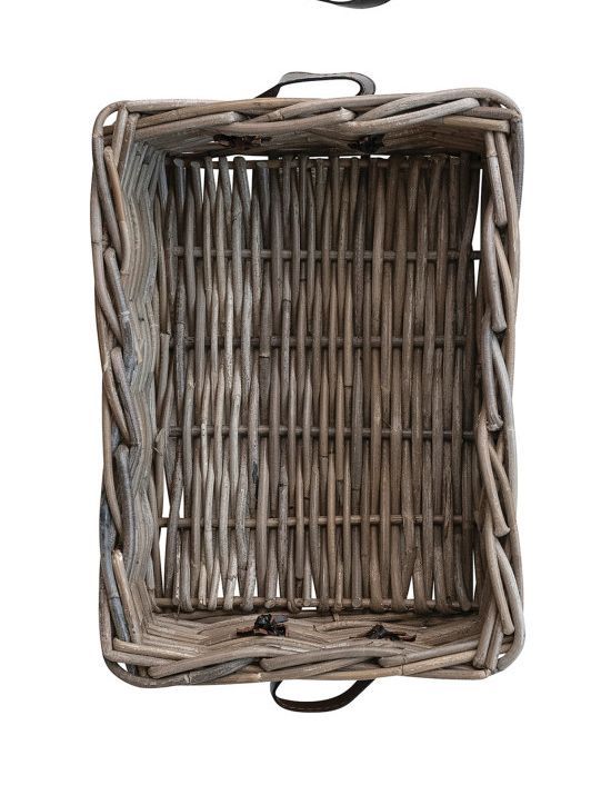 Hand-Woven Rattan Basket w Leather Handles 17” x 12-1/2”