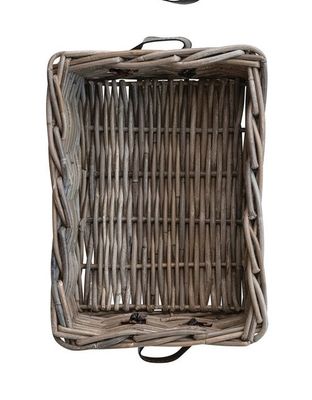 Hand-Woven Rattan Basket w Leather Handles 17” x 12-1/2”