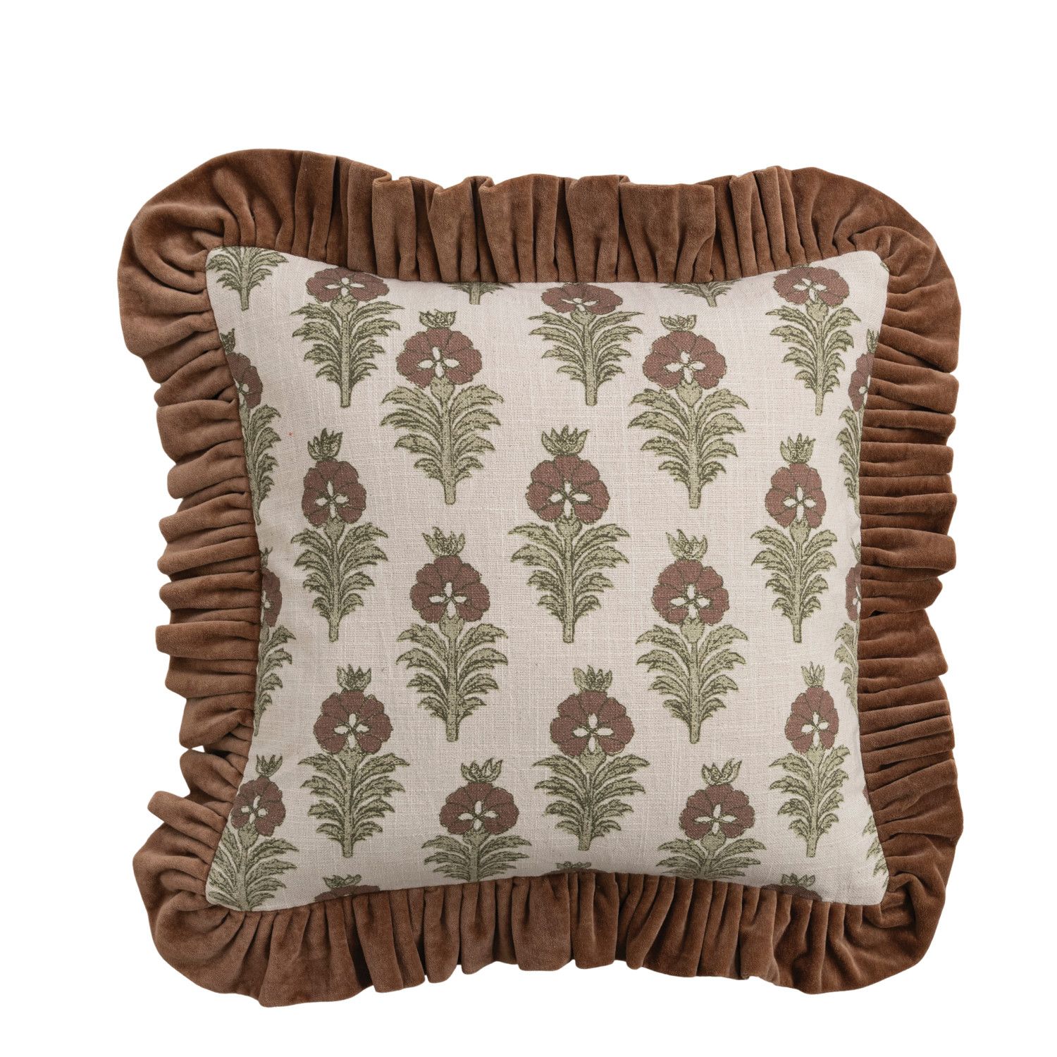 18" Square Cotton Slub Printed Pillow with Velvet Ruffle Brown &amp; Green
