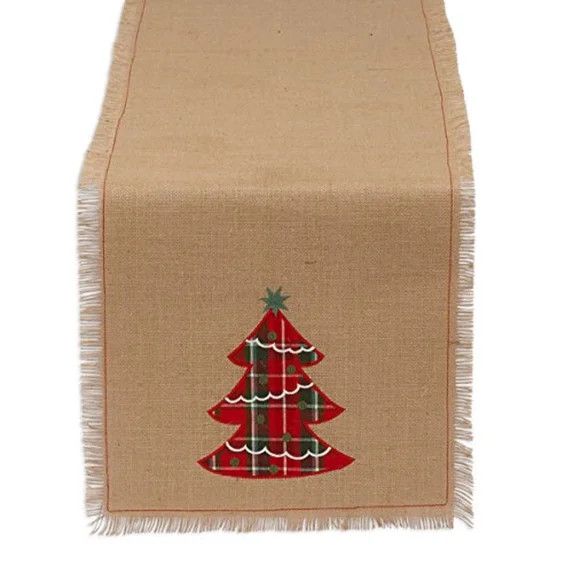 Holiday Red Christmas Plaid Tree Embroidered Jute Table Runner, 14x72"