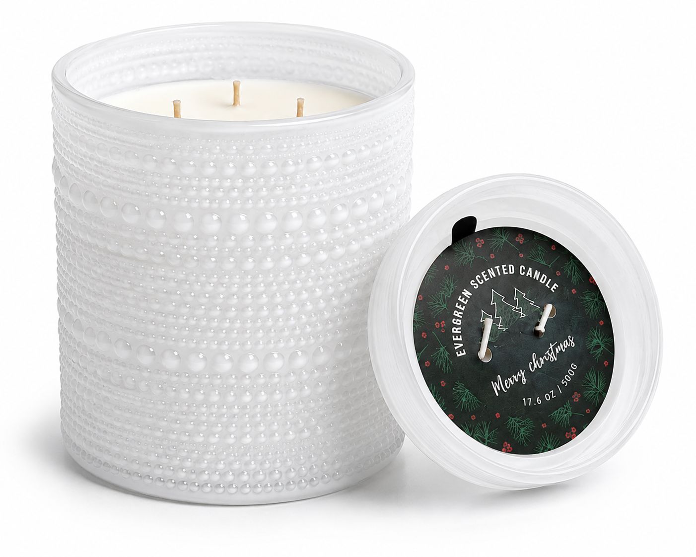 Candle Evergreen Scented 3 Wick Merry Christmas White Hobnail Glass 17.6oz