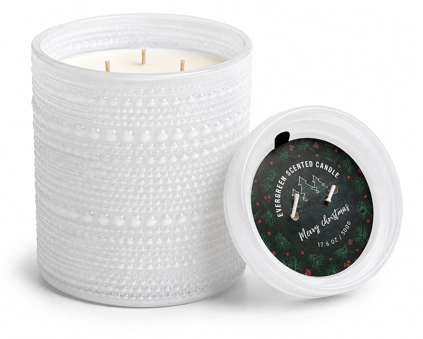 Jar Candle Evergreen Scented Winter Holiday 3 Wick Green Painted Hobnail Glass 17.6oz