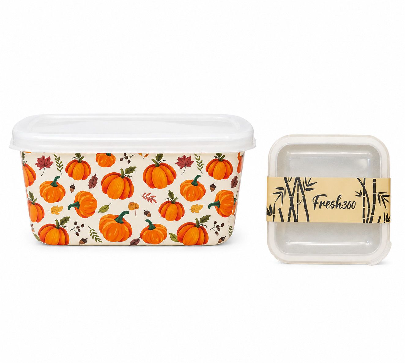 Fresh 360 Square Bamboo Food Container w/Lid Harvest Pumpkins Medium 13.5oz