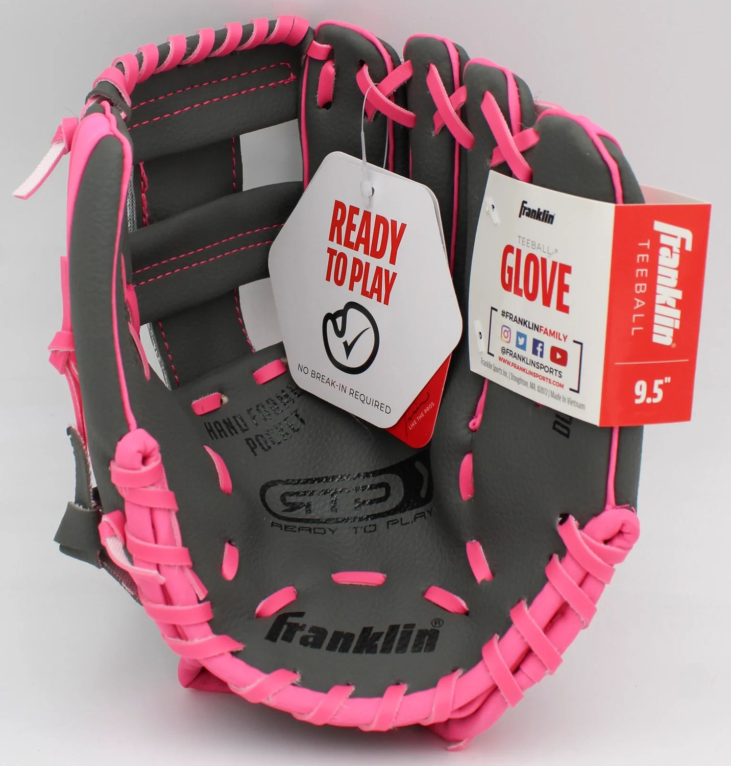 FRANKLIN 9.5" GRAPHITE PINK PVC BASEBALL GLOVE R