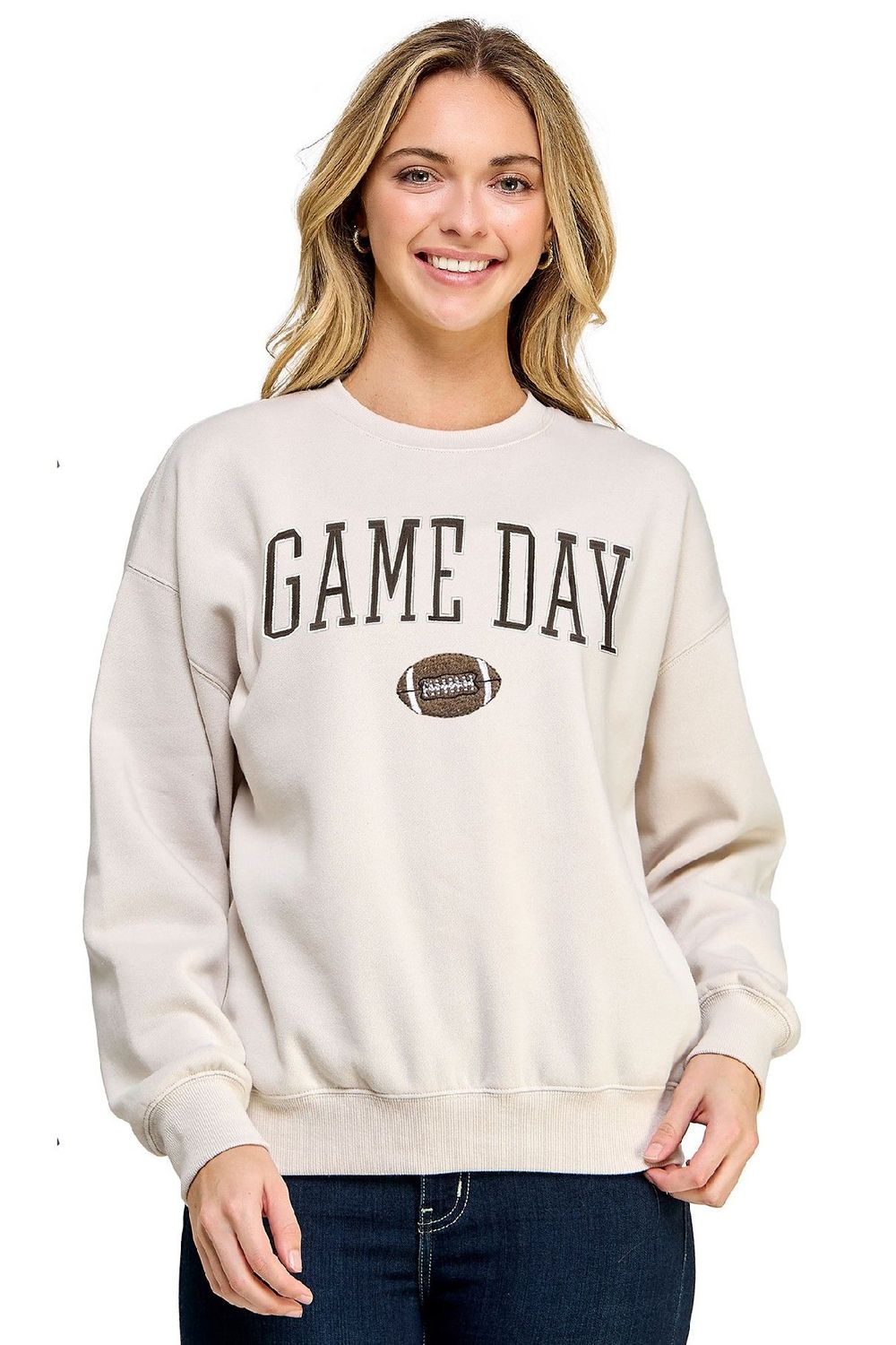 Game Day Embroidered Fleece Sweatshirt Beige, Size: S