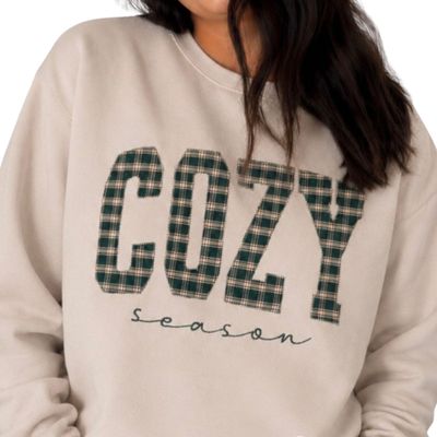 Cozy Season Plaid Patch Sweatshirt Oatmeal
