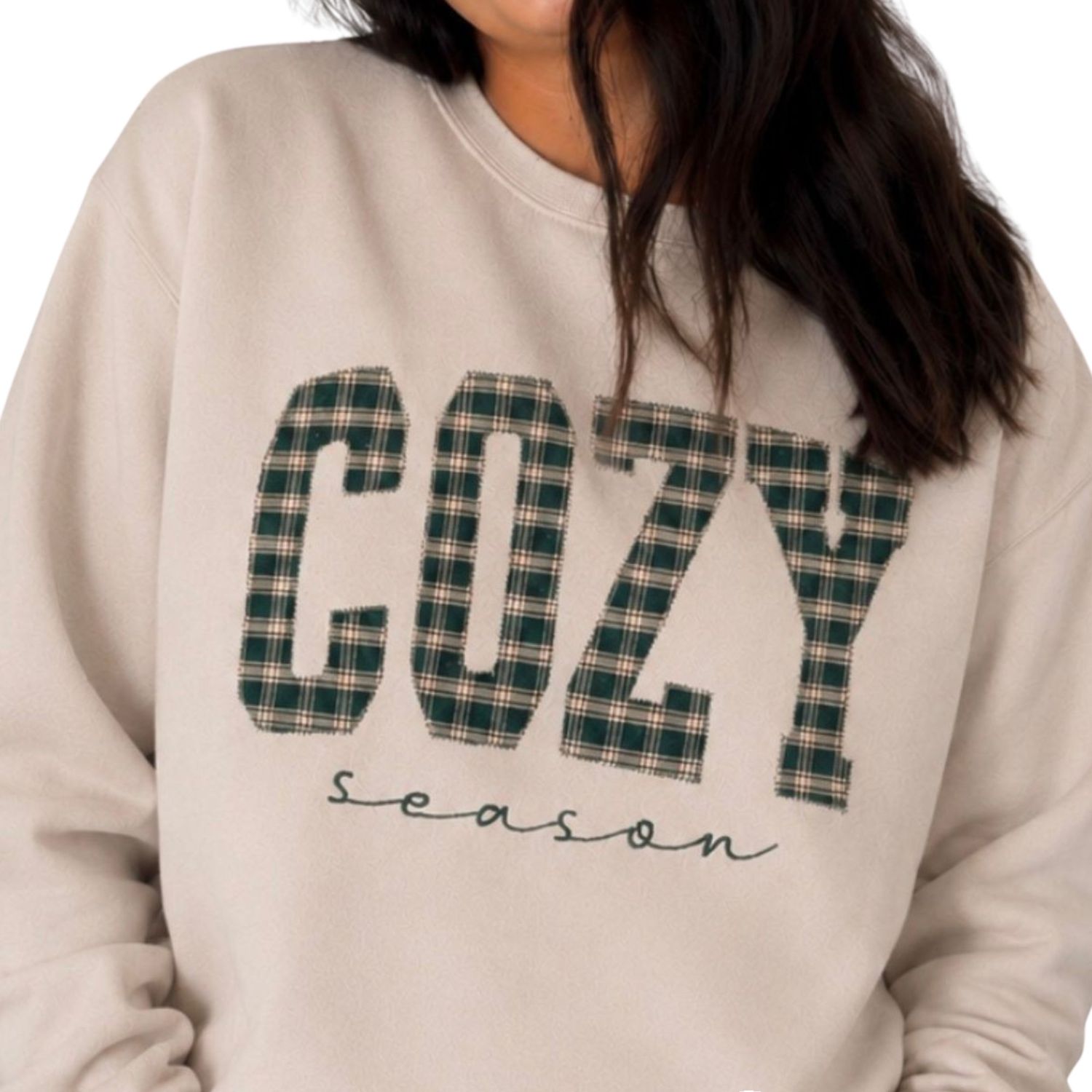 Cozy Season Plaid Patch Sweatshirt Oatmeal, Size: S