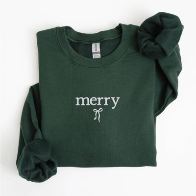 Merry Bow Embroidered Christmas Sweatshirt Holiday Crewneck