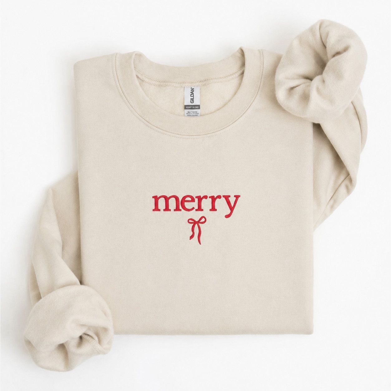 Merry Bow Embroidered Christmas Sweatshirt Holiday Crewneck, Color: Sand, Size: Medium