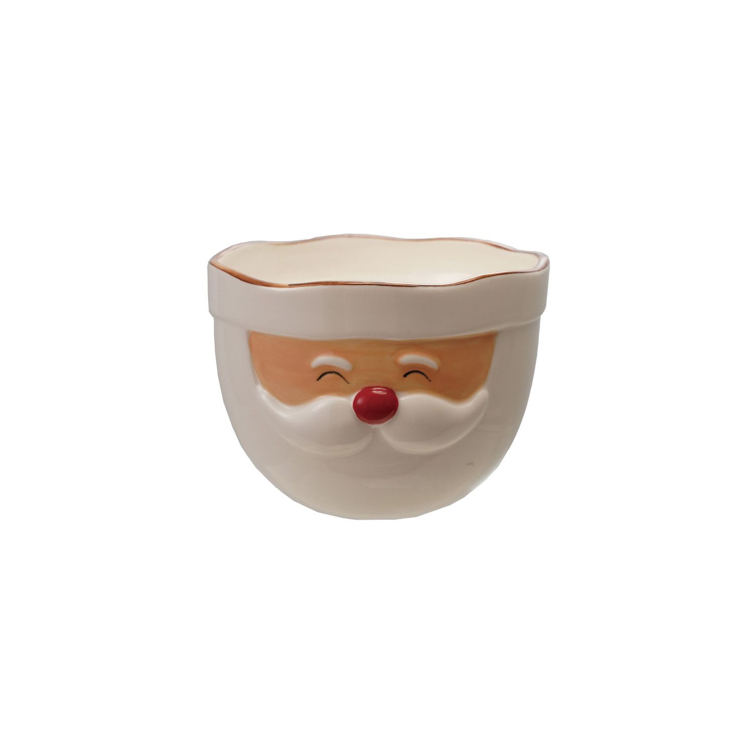 Stoneware Santa Head Shaped Mixing Bowl with Red Rim, white and red color, festive kitchenware for mixing and serving, holiday decor.