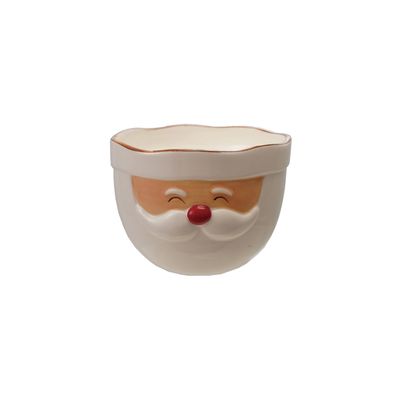 Stoneware Santa Head Shaped Mixing Bowl with Red Rim, white and red color, festive kitchenware for mixing and serving, holiday decor.