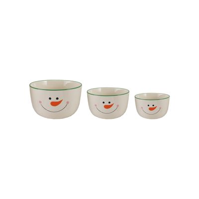 Stoneware Nesting Bowls with Snowman Face &amp; Green Rim