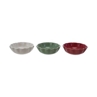 4" Round Stoneware Scalloped Bowl, available in white, green, and red colors, showcasing glossy finish and softly ruffled edge.