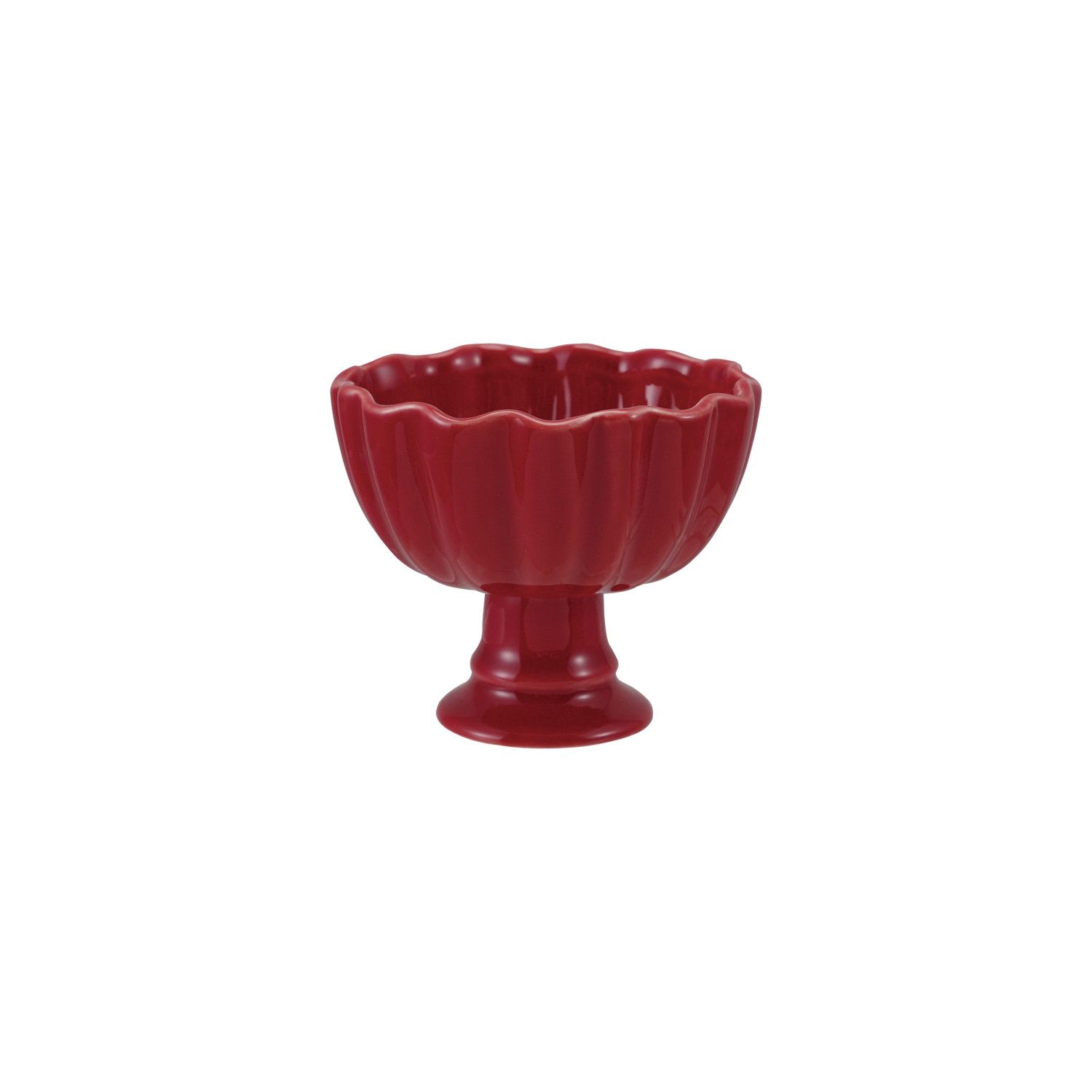 Red Stoneware Footed Scalloped Bowl, glossy deep red color, Red (Each One Will Vary), stoneware material, scalloped rim and pedestal base.