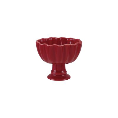 Red Stoneware Footed Scalloped Bowl, glossy deep red color, Red (Each One Will Vary), stoneware material, scalloped rim and pedestal base.