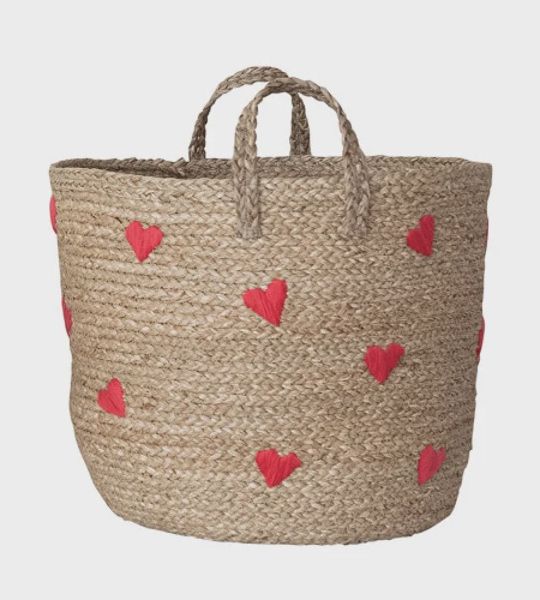 Hand-Woven Seagrass Baskets with Embroidered Hearts &amp; Handles, Natural &amp; Red, Set of 4, Size: 15-3/4" D x 13-3/4"H