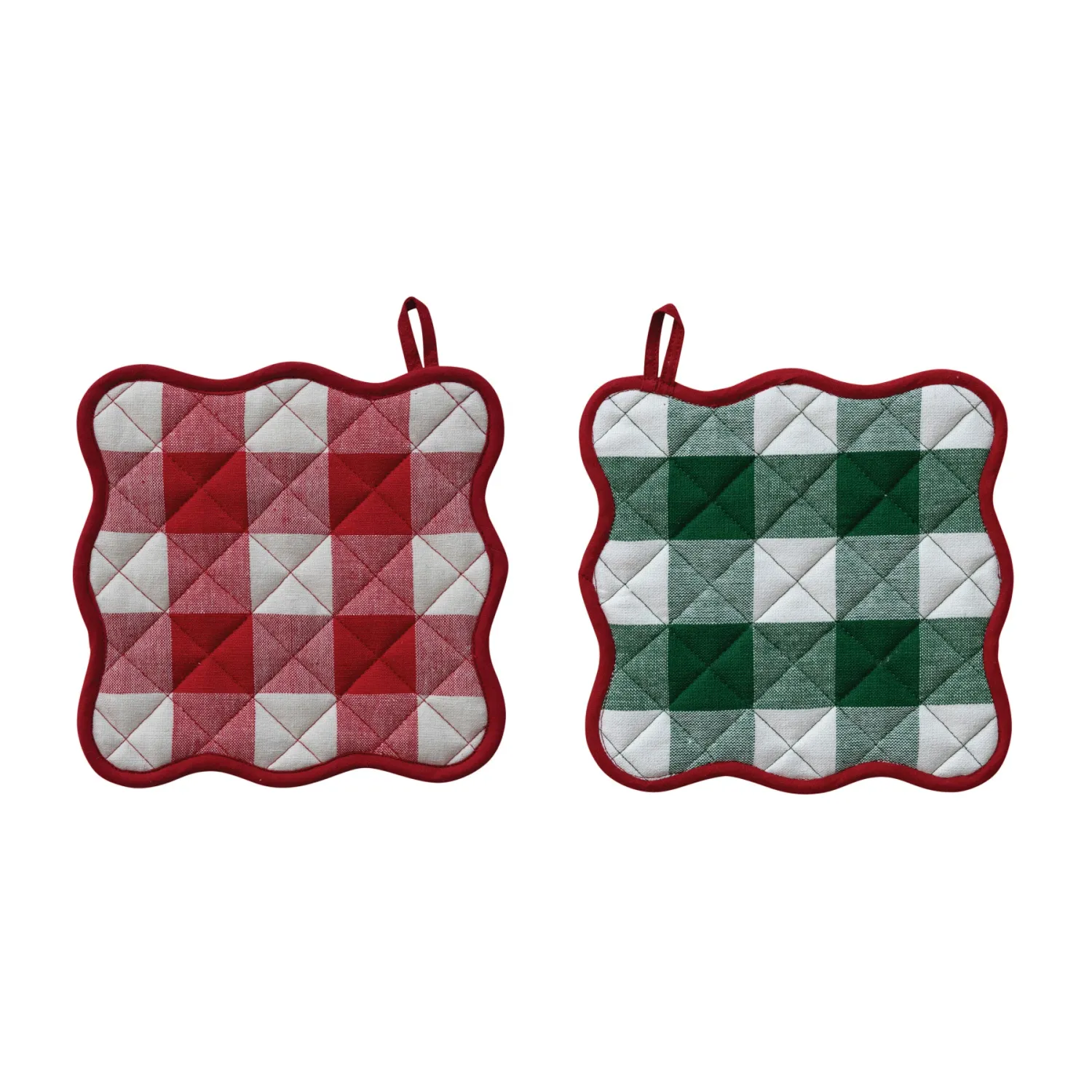Cotton Scalloped Pot Holder with Buffalo Check Pattern &amp; Piping