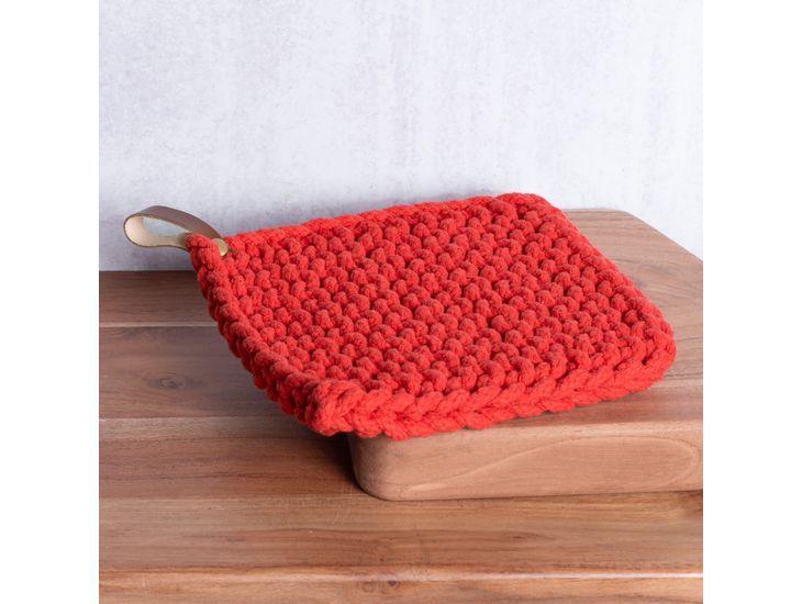Leather Strap Red Knit Pot Holder