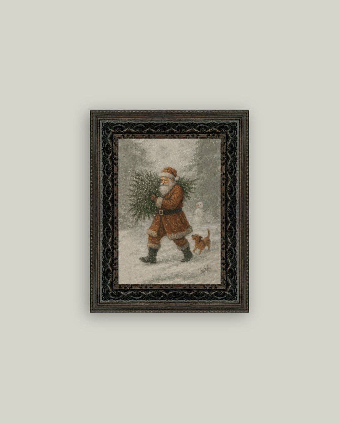 Santa with Tree Framed Antique Art, Frame Size: 5x7