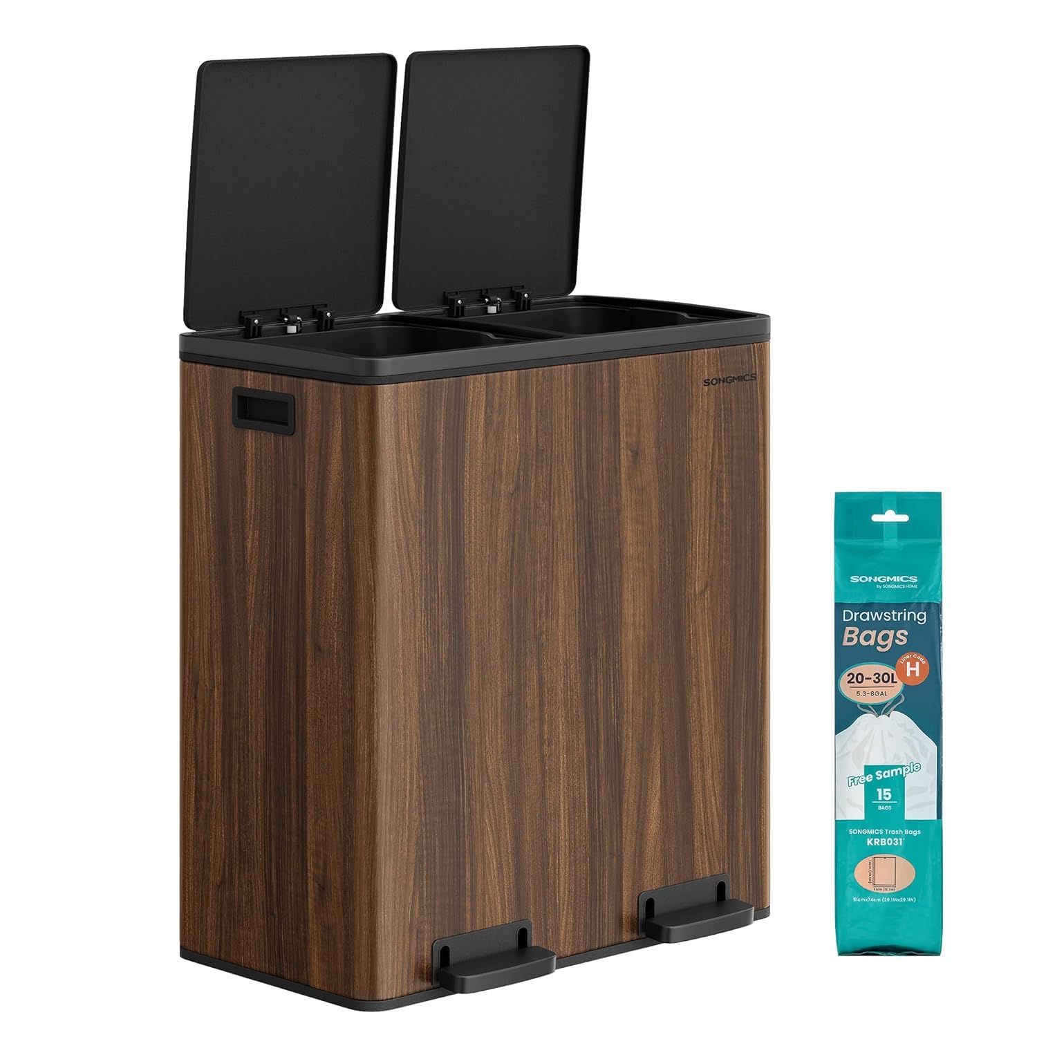 SONGMICS 2 x 8 Gal Dual Rubbish &amp; Recycling Bin – Dark Walnut