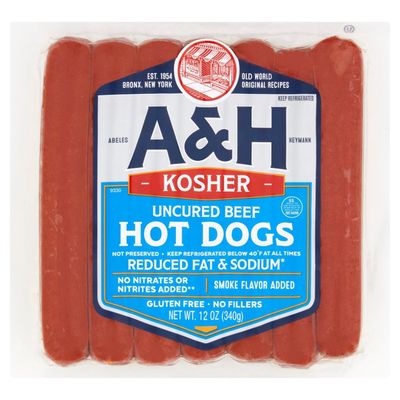 A&amp;H, Uncured Beef Hot Dogs, 12oz, Less Sodium