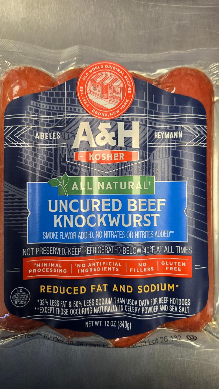 A&amp;H, Uncured beef knockwurst, 12oz, Less Sodium