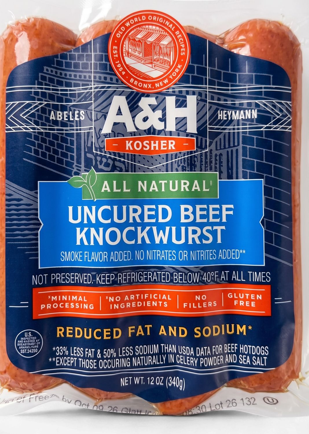A&amp;H, Uncured beef knockwurst, 12oz, Less Sodium