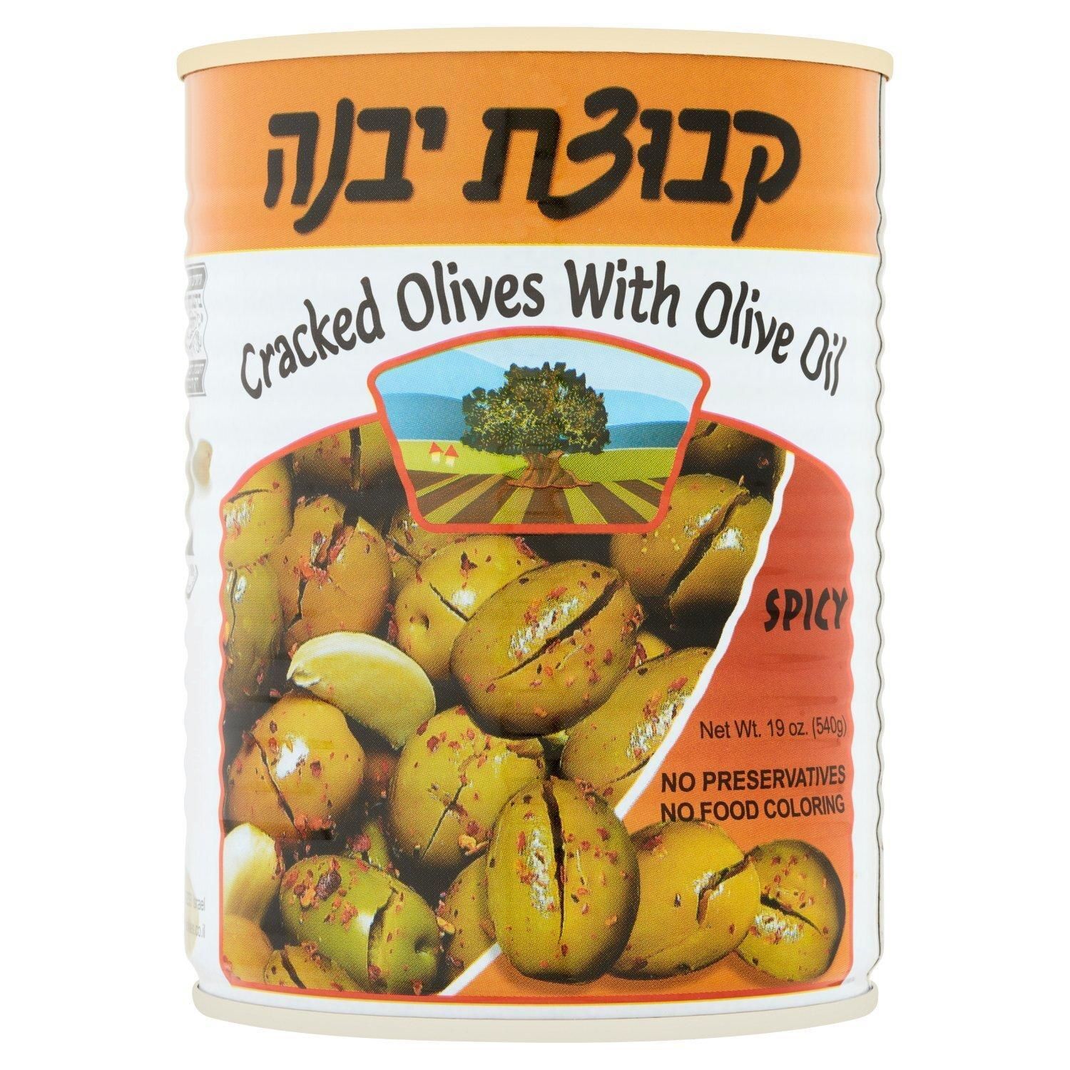 Kvutzat Yavne, Spicy Cracked Olives with Olive Oil, 19 oz