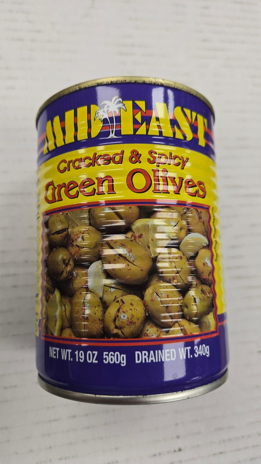 Mid East, Cracked &amp; Spicy Green Olives 19 Oz.