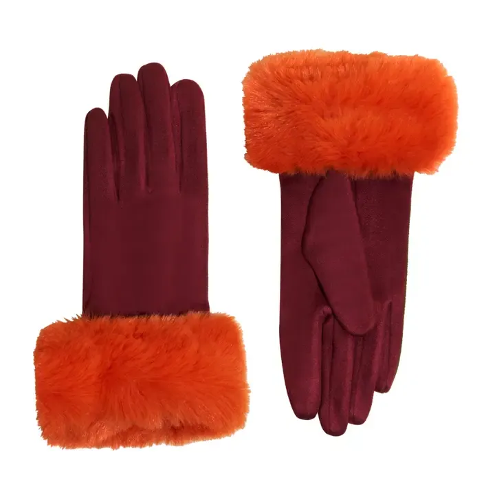 Bettina Faux Suede Fur Gloves, COLOR: Burgundy &amp; Tangerine