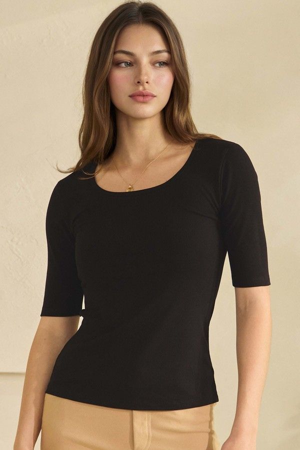 Eden Mid Sleeve Ribbed Top, COLOR: Black, Size: S
