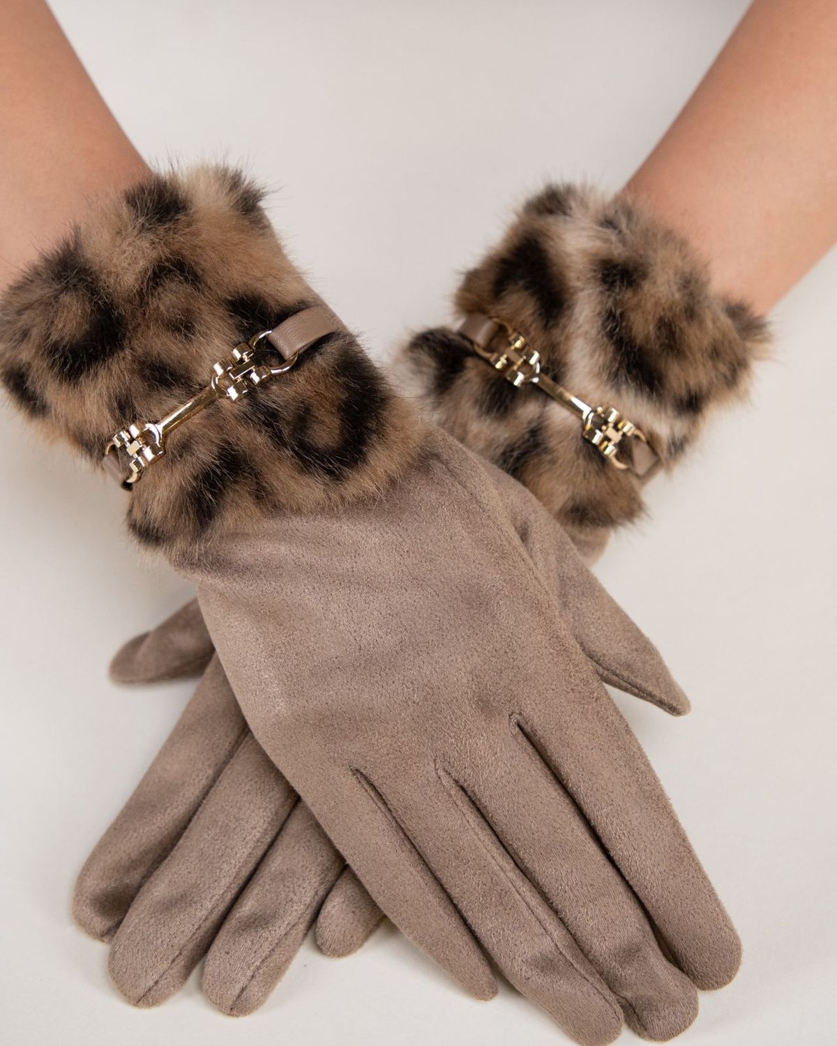 Leopard Suede Gloves, COLOR: Khaki