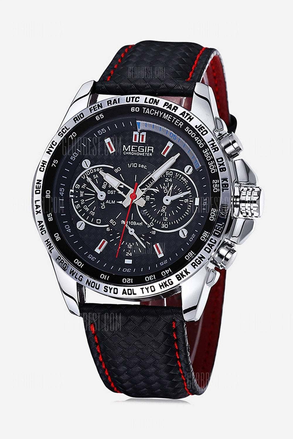 Megir 1010 Men Quartz Watch with Genuine Leather Band Color: BLACK