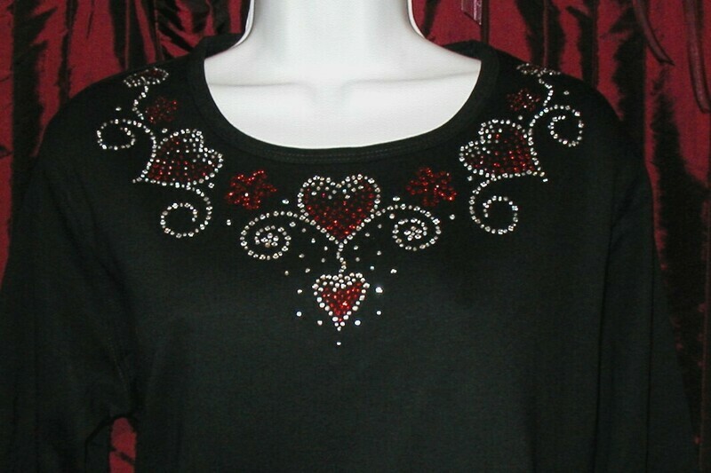 HEART RD NECKLINE Red & Clear Rhinestones w sleeve embellishment
