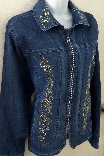 Blue Denim Jacket /Crystal Zipper  
 Blue & Gold Embellishments
