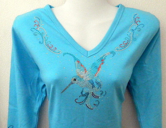 HUMMINGBIRD  "BLUE" V Neckline w Embellished Sleeves