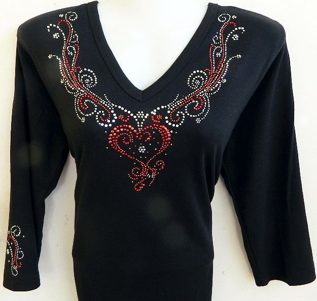 Vintage HEART VNECKLINE  Red &  Silver Rhinestones  w sleeve embellishment