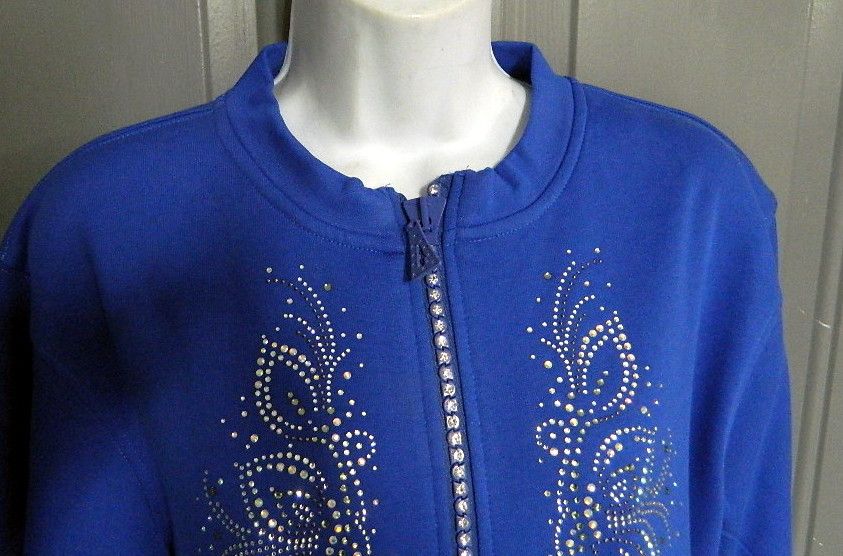 Rhinestone Crystal Zippered Cardigan w Floral Panel  (NO COLLAR)