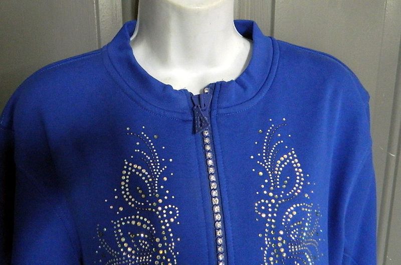 Rhinestone Crystal Zippered Cardigan w Floral Panel  (NO COLLAR)