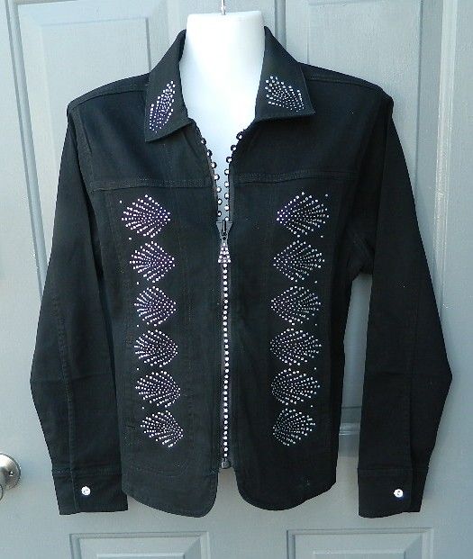 Western Black Denim w Rhinestone Crystal Zipper w Fan Design